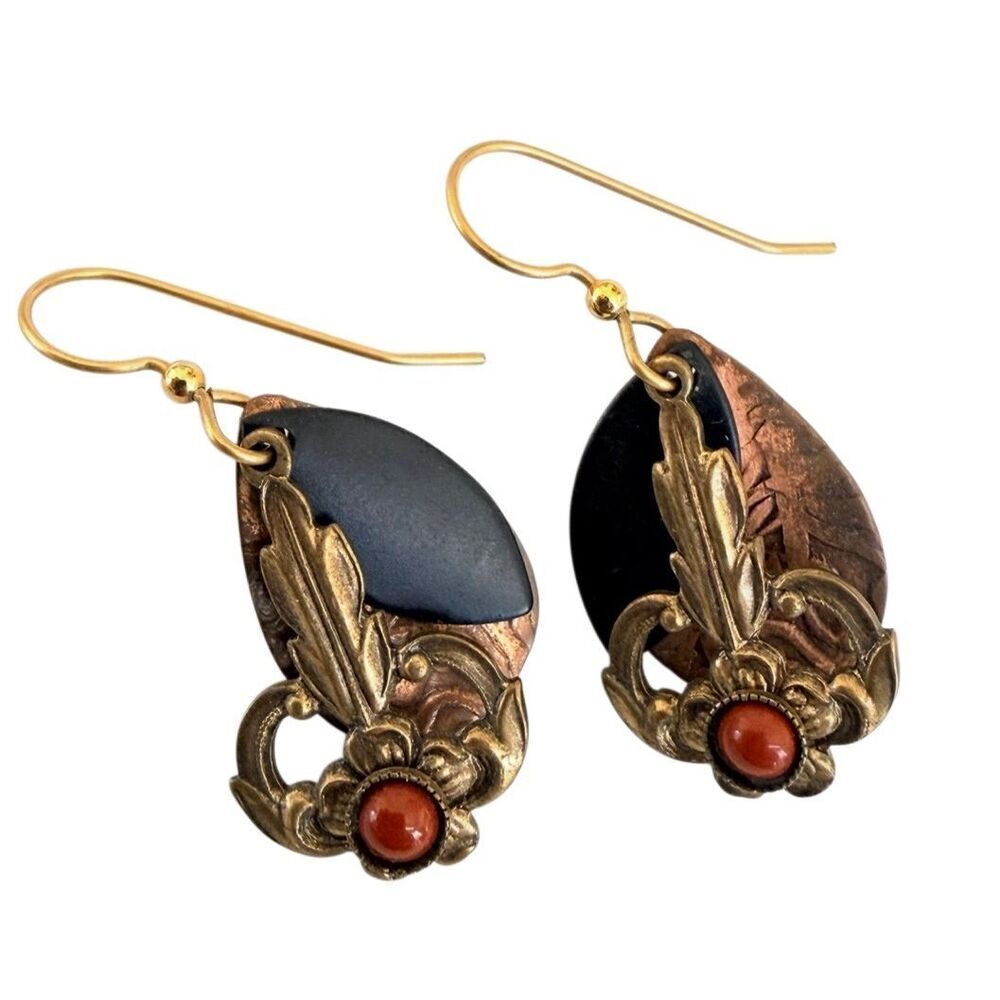 Mixed Metal Copper Brass Red Cabochon Drop Earrings